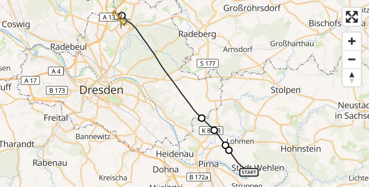 Flugroute Rettungshubschrauber Stadt Wehlen - Dresden Bundespolizei Hubschrauberlandeplatz, 03 September 2026, 15:00