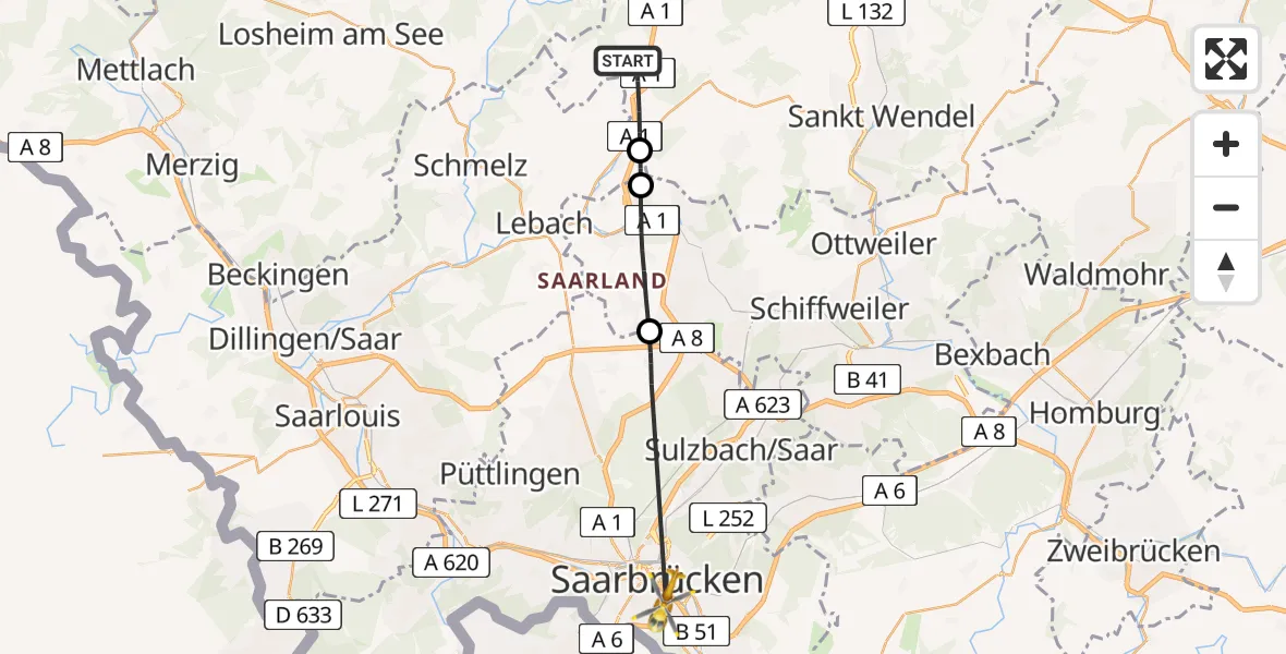 Flugroute Rettungshubschrauber Tholey - Saarbrücken, 03 September 2026, 15:04