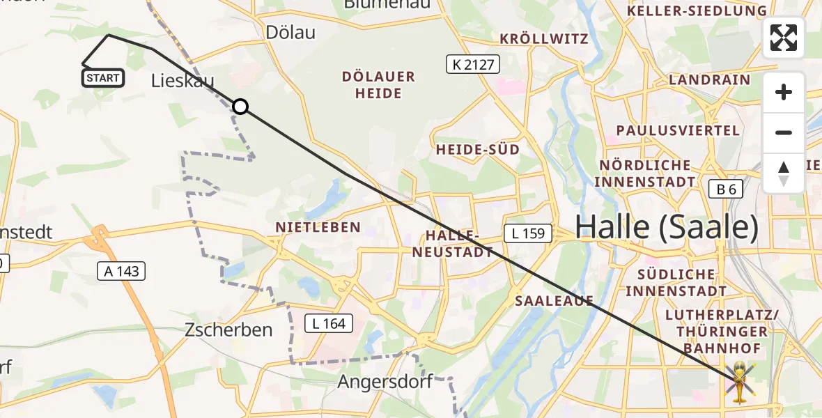 Flugroute Rettungshubschrauber Salzatal - BG Hospital Bergmannstrost Halle, 03 September 2026, 15:08