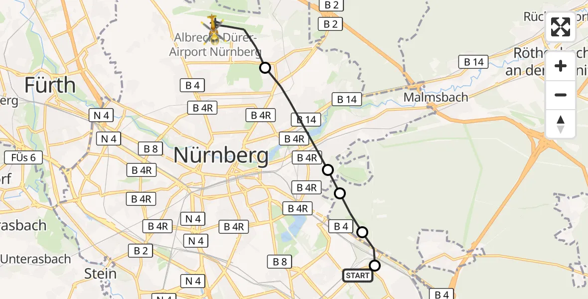 Flugroute Rettungshubschrauber Nürnberg South Hospital - Flughafen Nuremberg, 03 September 2026, 15:26