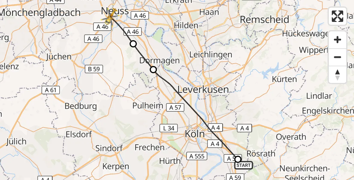 Flugroute Ambulanzhubschrauber Köln Bonn Flughafen - Neuss, 03 September 2026, 15:30