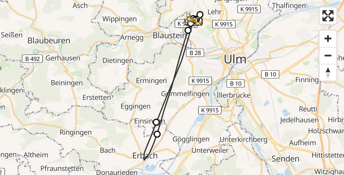 Flugroute Rettungshubschrauber Ulm Military Hospital Emergency - Ulm Military Hospital Emergency, 03 September 2026, 15:32