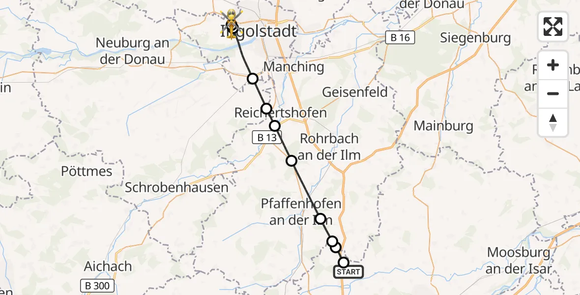 Flugroute Rettungshubschrauber Allershausen - Ingolstadt Hospital, 03 September 2026, 15:34