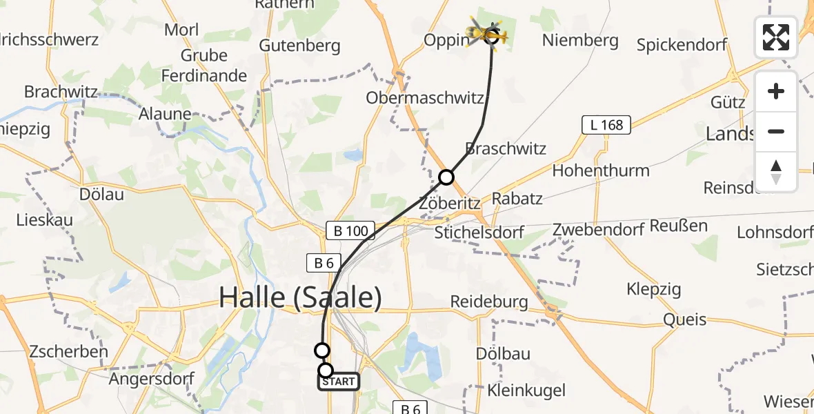 Flugroute Rettungshubschrauber BG Hospital Bergmannstrost Halle - Halle-Oppin Flugplatz, 03 September 2026, 15:46