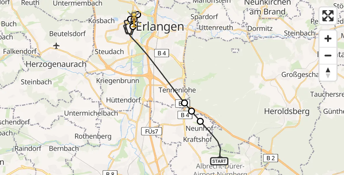 Flugroute Rettungshubschrauber Flughafen Nuremberg - Europakanal Hospital Hubschrauberlandeplatz, 03 September 2026, 15:48