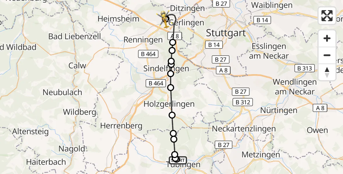Flugroute Rettungshubschrauber Tübingen University Hospital - Leonberg Hospital, 03 September 2026, 15:49