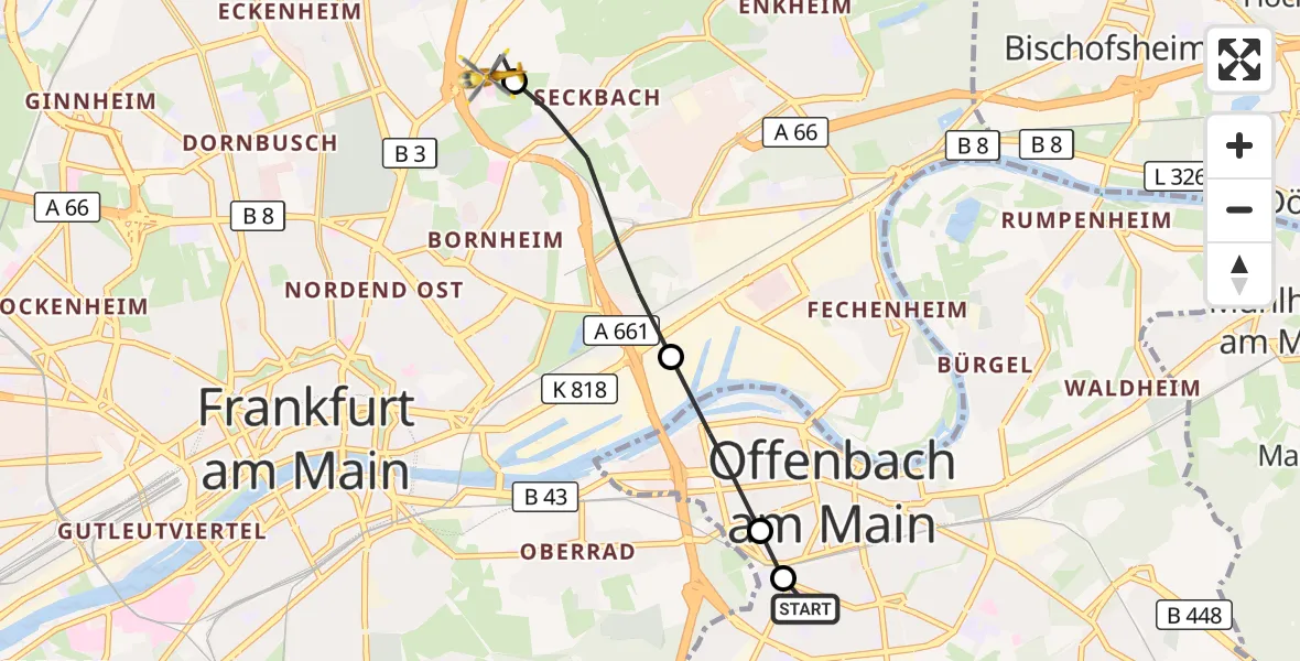 Flugroute Rettungshubschrauber Sana Hospital Offenbach - Frankfurt am Main Accident Hospital Roof Helipad (CHX2), 03 September 2026, 15:56