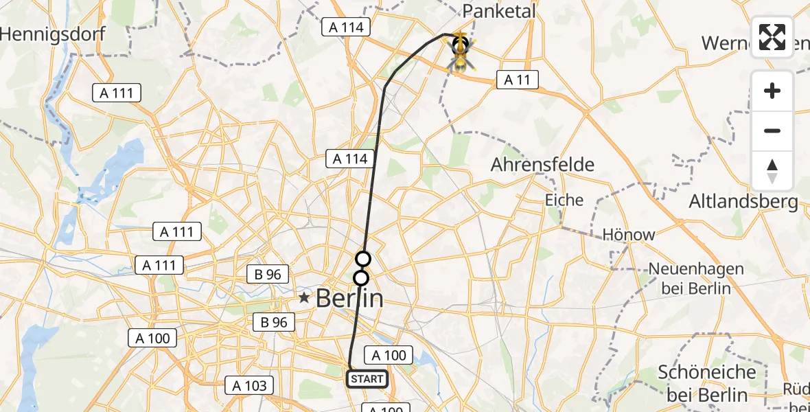 Flugroute Rettungshubschrauber Berlin - Helios Clinic Berlin-Buch, 03 September 2026, 16:01