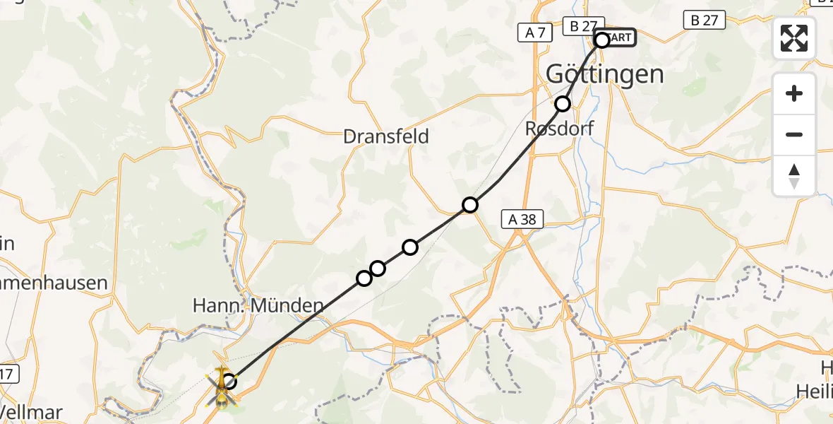 Flugroute Rettungshubschrauber Göttingen University Clinic Hubschrauberlandeplatz - Staufenberg, 03 September 2026, 16:20