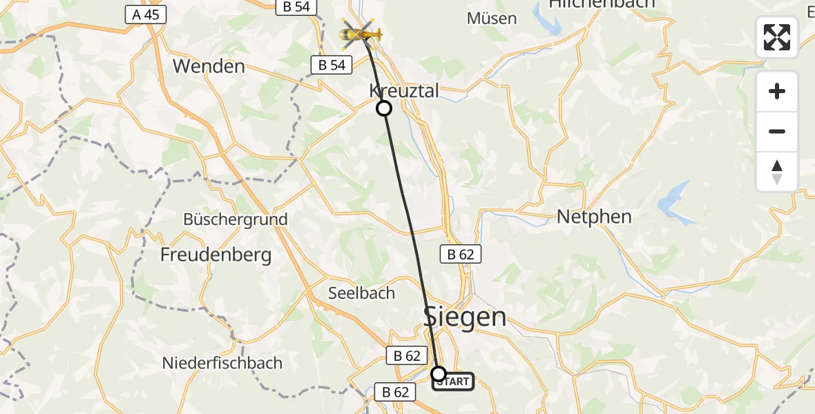 Flugroute Rettungshubschrauber Evangelisches Jung-Stilling Hospital - Kreuztal, 03 September 2026, 16:27