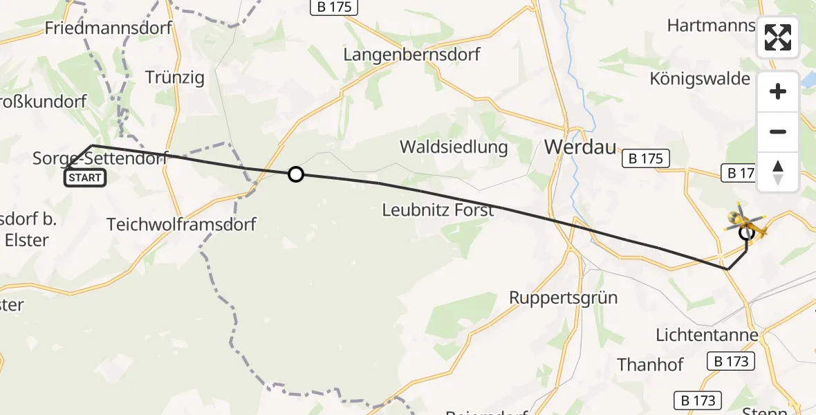 Flugroute Rettungshubschrauber Mohlsdorf-Teichwolframsdorf - ADAC Air Rescue Station Zwickau Hubschrauberlandeplatz, 03 September 2026, 16:32
