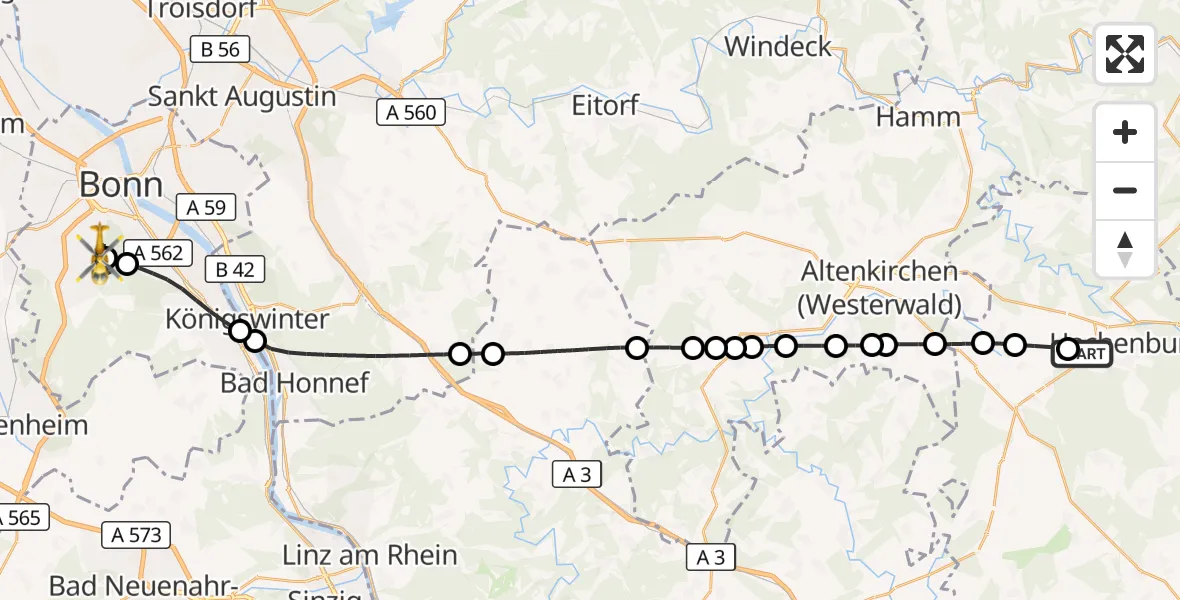 Flugroute Rettungshubschrauber Hachenburg - Bonn, 03 September 2026, 17:08