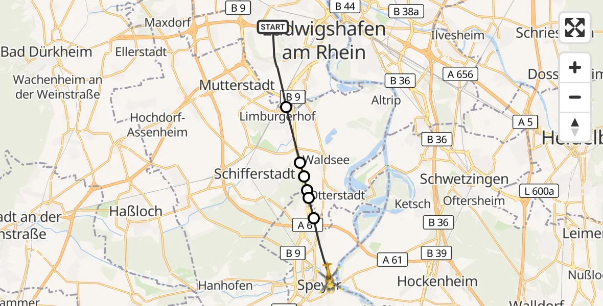 Flugroute Rettungshubschrauber Ludwigshafen am Rhein - Speyer, 03 September 2026, 17:21
