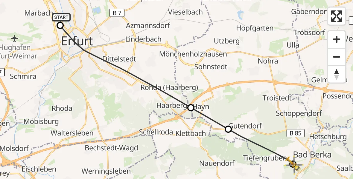 Flugroute Ambulanzhubschrauber Helios Clinic Erfurt - DRF Rettungsstation Bad Berka Hubschrauberlandeplatz, 03 September 2026, 17:26