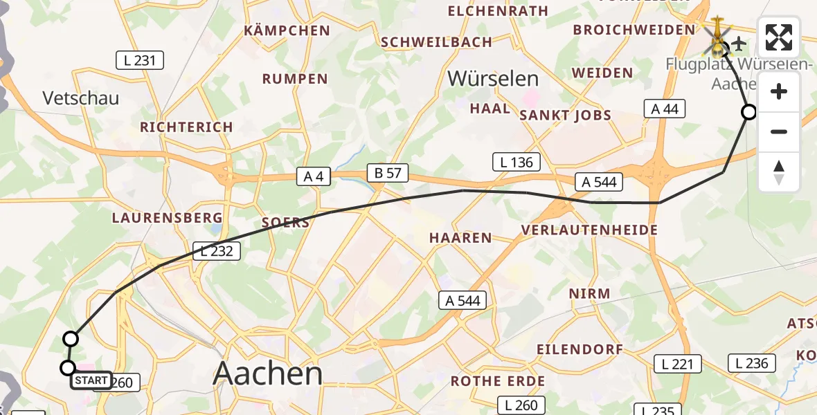 Flugroute Rettungshubschrauber Aachen Hospital - Aachen-Merzbrück Flughafen, 03 September 2026, 17:27