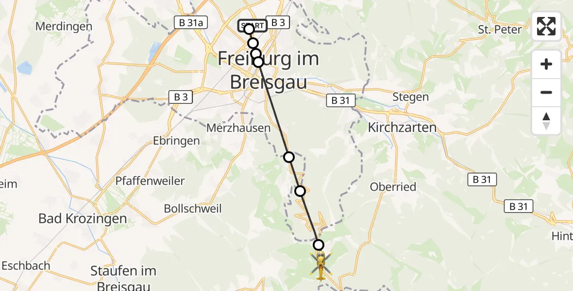 Flugroute Ambulanzhubschrauber Freiburg im Breisgau Flugplatz - Oberried, 03 September 2026, 17:42