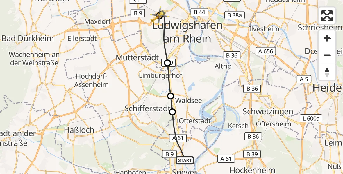 Flugroute Rettungshubschrauber Speyer - Ludwigshafen Accident Hospital, 03 September 2026, 18:03