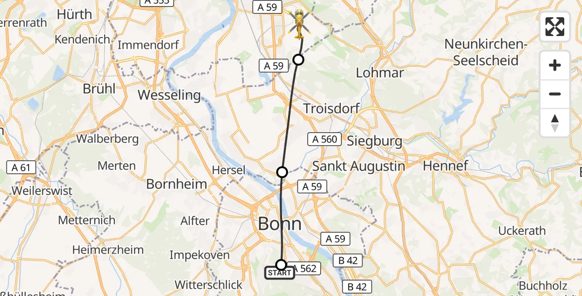 Flugroute Ambulanzhubschrauber Bonn University Hospital - Köln Bonn Flughafen, 03 September 2026, 18:05