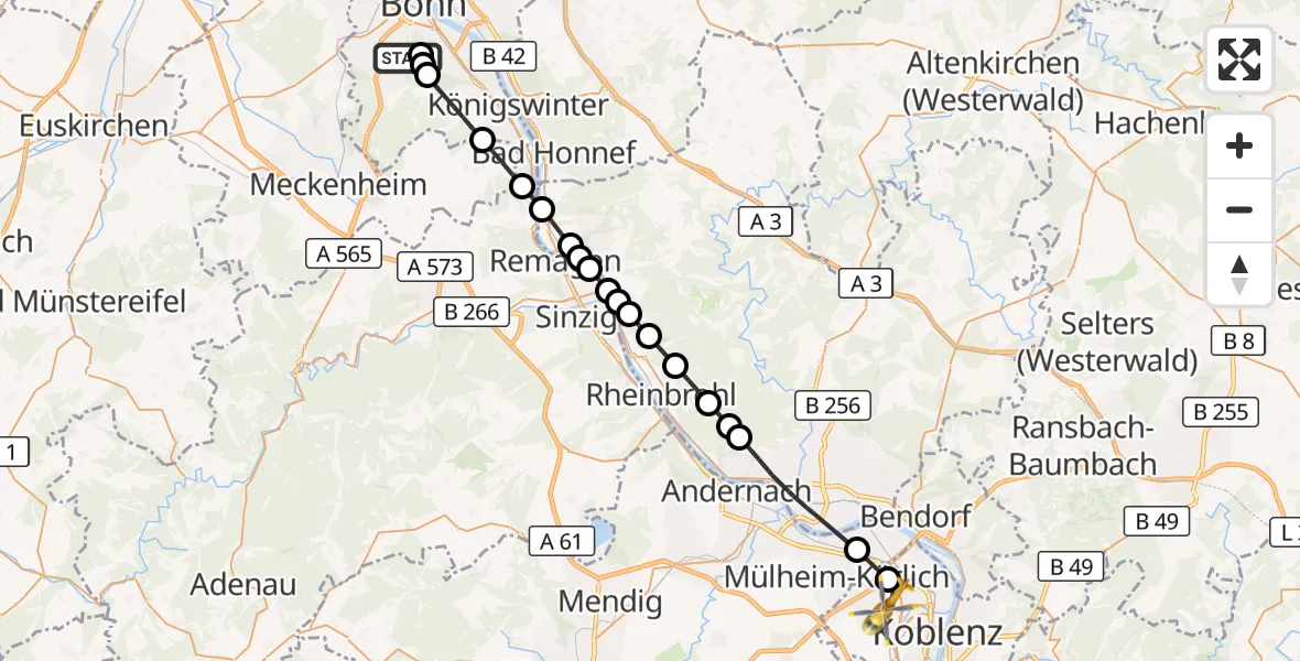 Flugroute Rettungshubschrauber Bonn - Koblenz, 03 September 2026, 18:12