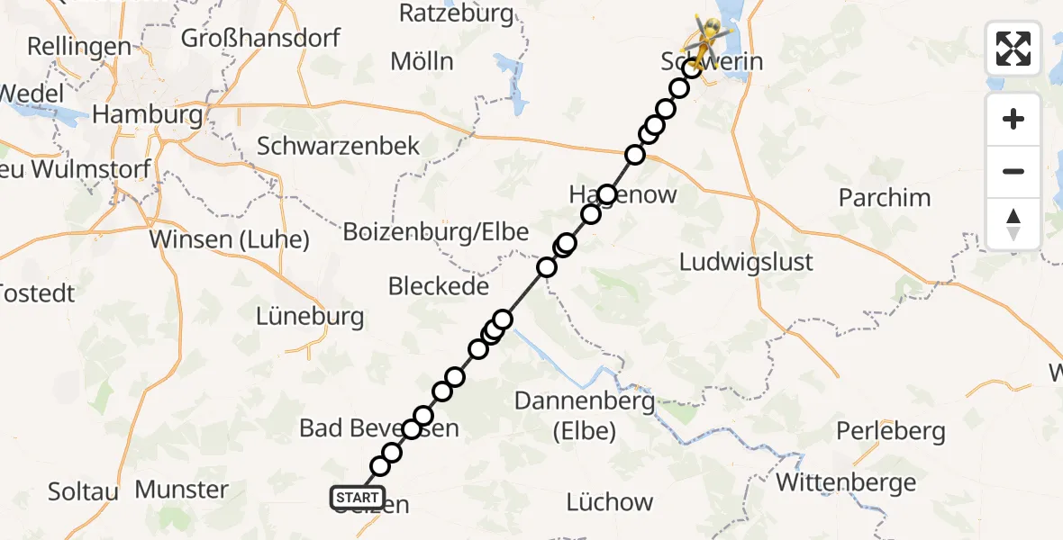 Flugroute Rettungshubschrauber Uelzen - Schwerin, 03 September 2026, 18:17