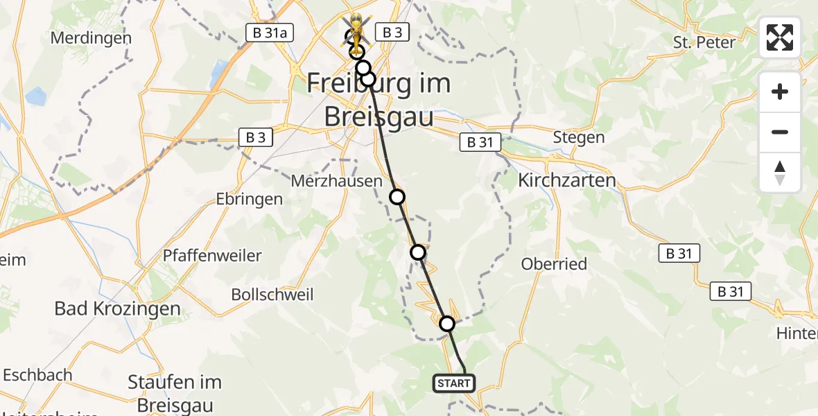 Flugroute Ambulanzhubschrauber Oberried - Freiburg im Breisgau Flugplatz, 03 September 2026, 18:22