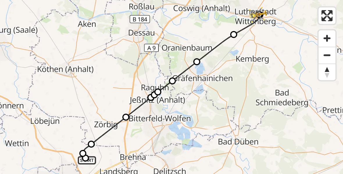 Flugroute Rettungshubschrauber Halle-Oppin Flugplatz - Paul-Gerhardt-Stift Evangelical Hospital, 03 September 2026, 18:41