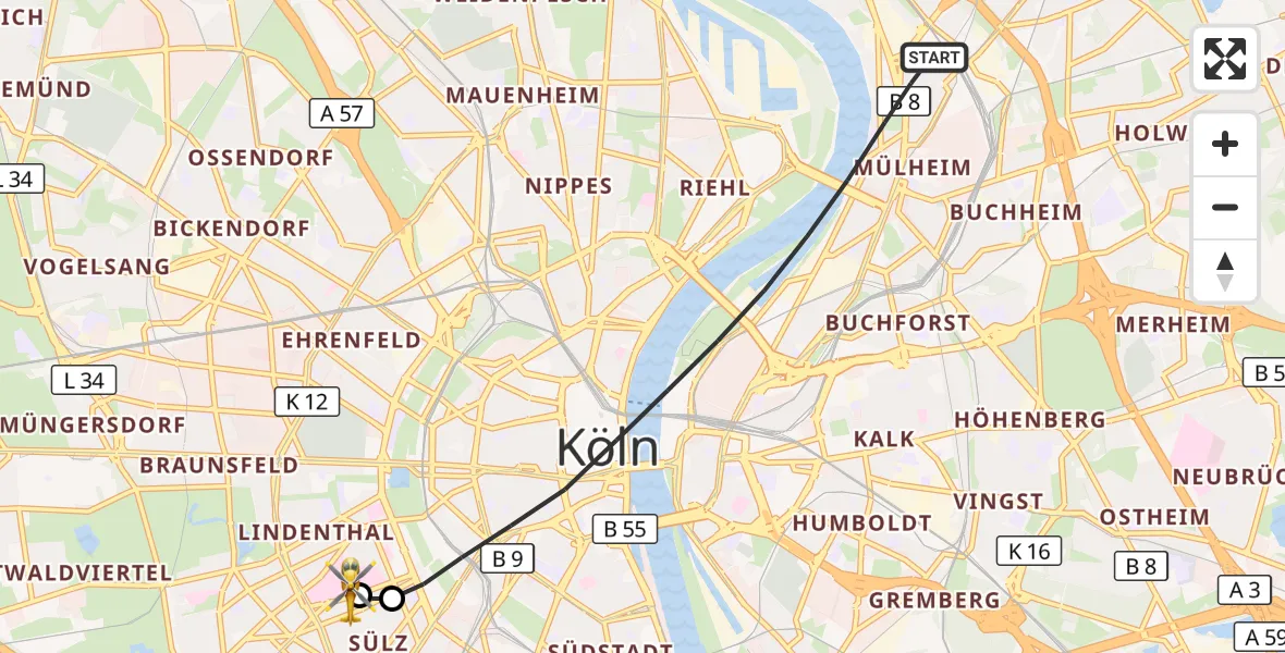 Flugroute Ambulanzhubschrauber Köln - Köln University Hospital, 03 September 2026, 18:55
