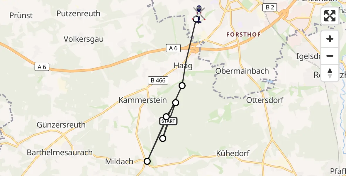 Flugroute Polizeihubschrauber Kammerstein - Schwabach, 03 September 2026, 19:15