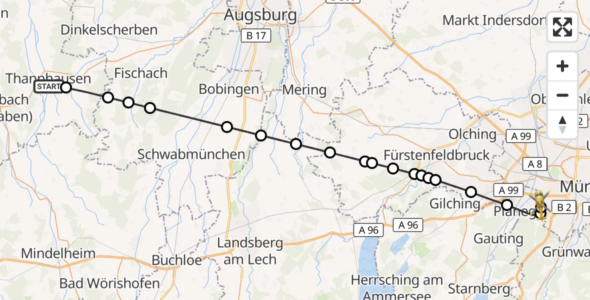 Flugroute Rettungshubschrauber Thannhausen - DRF Air Rescue München Hubschrauberlandeplatz, 03 September 2026, 19:23