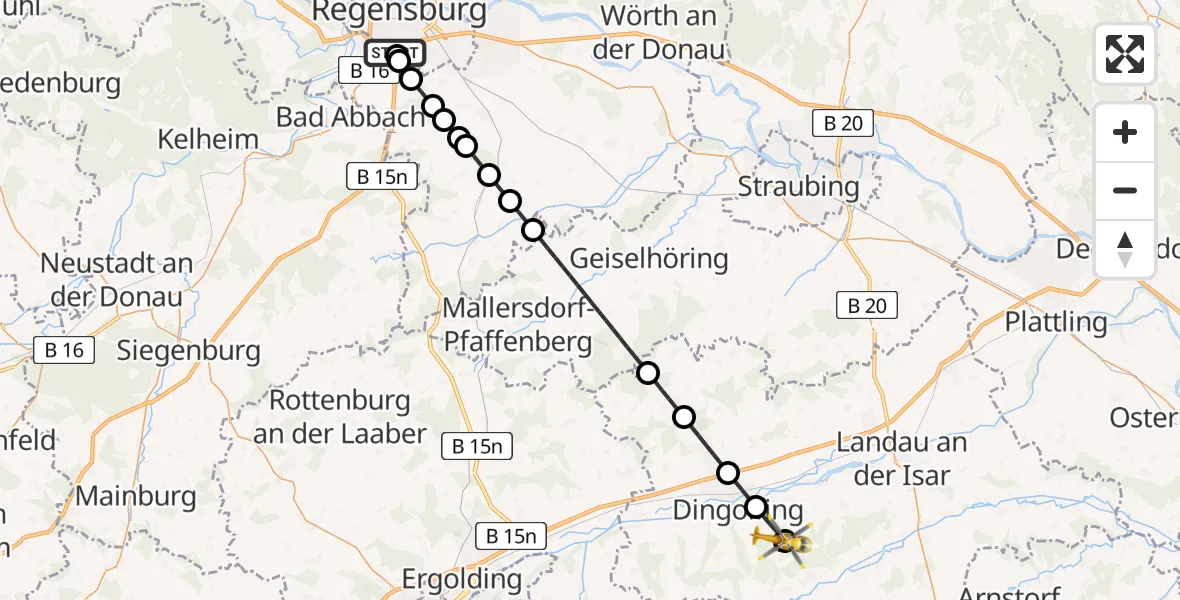 Flugroute Rettungshubschrauber DRF Air Rescue Station Regensburg / Regensburg University Hospital - Reisbach, 03 September 2026, 19:24