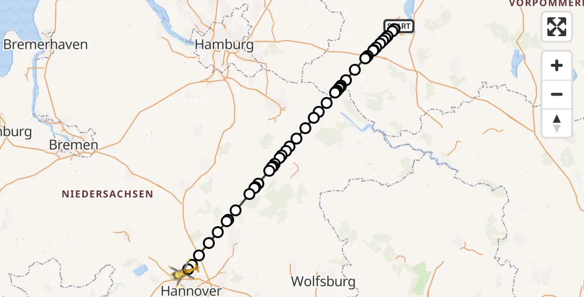 Flugroute Rettungshubschrauber Schwerin - Flughafen Hannover, 03 September 2026, 19:30