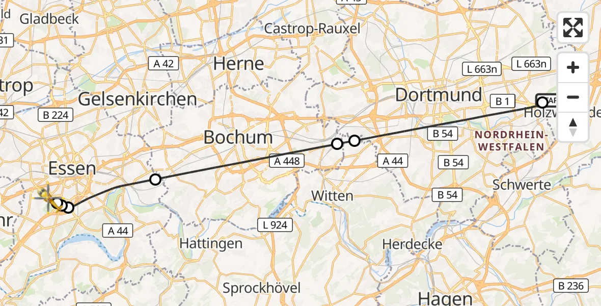 Flugroute Rettungshubschrauber Dortmund Flughafen - Essen, 03 September 2026, 19:33