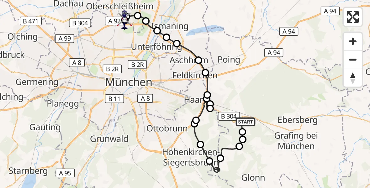 Flugroute Polizeihubschrauber Zorneding - Oberschleißheim, 03 September 2026, 19:41