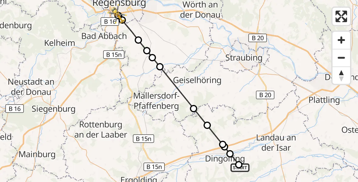 Flugroute Rettungshubschrauber Reisbach - DRF Air Rescue Station Regensburg / Regensburg University Hospital, 03 September 2026, 20:14