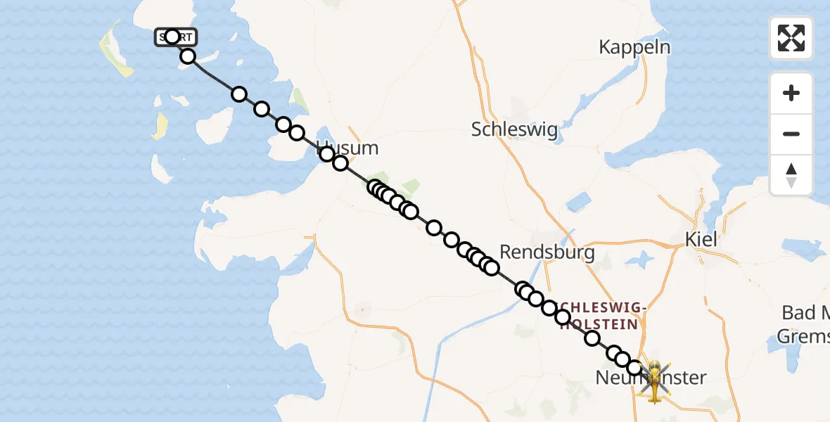 Flugroute Ambulanzhubschrauber Wyk auf Föhr Flughafen - Neumünster, 03 September 2026, 20:16