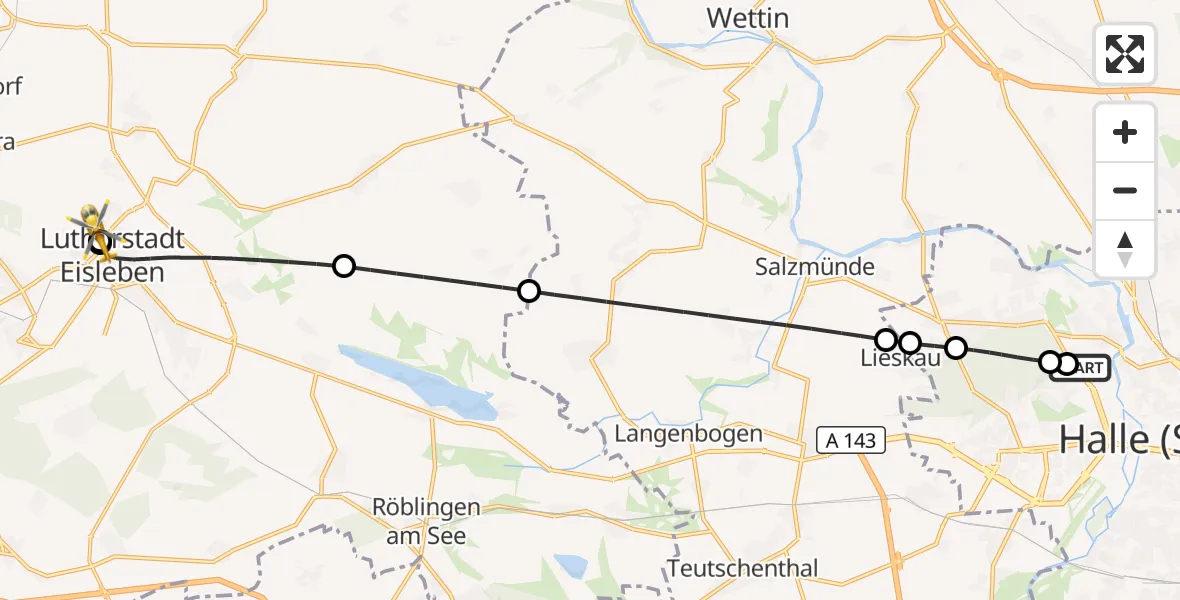 Flugroute Rettungshubschrauber Halle (Saale) University Hospital - Helios Hospital Lutherstadt Eisleben, 03 September 2026, 20:25