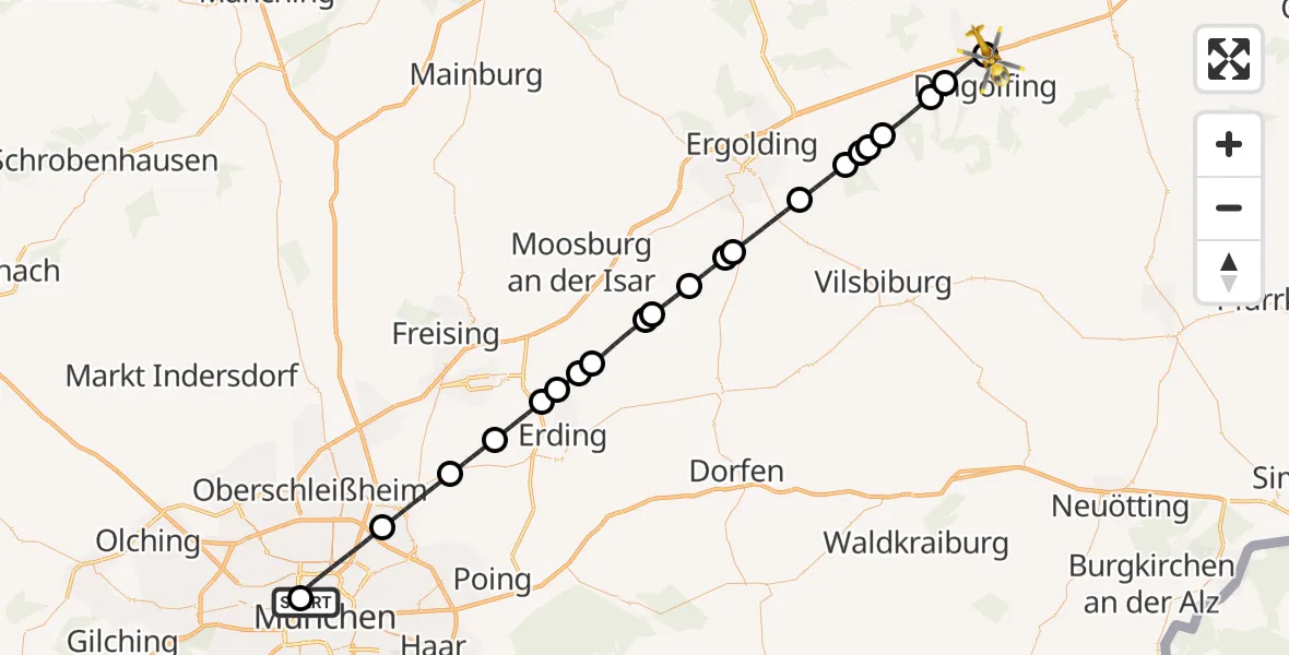 Flugroute Rettungshubschrauber Deutsches Herzzentrum München - Dingolfing Flugplatz, 03 September 2026, 21:00