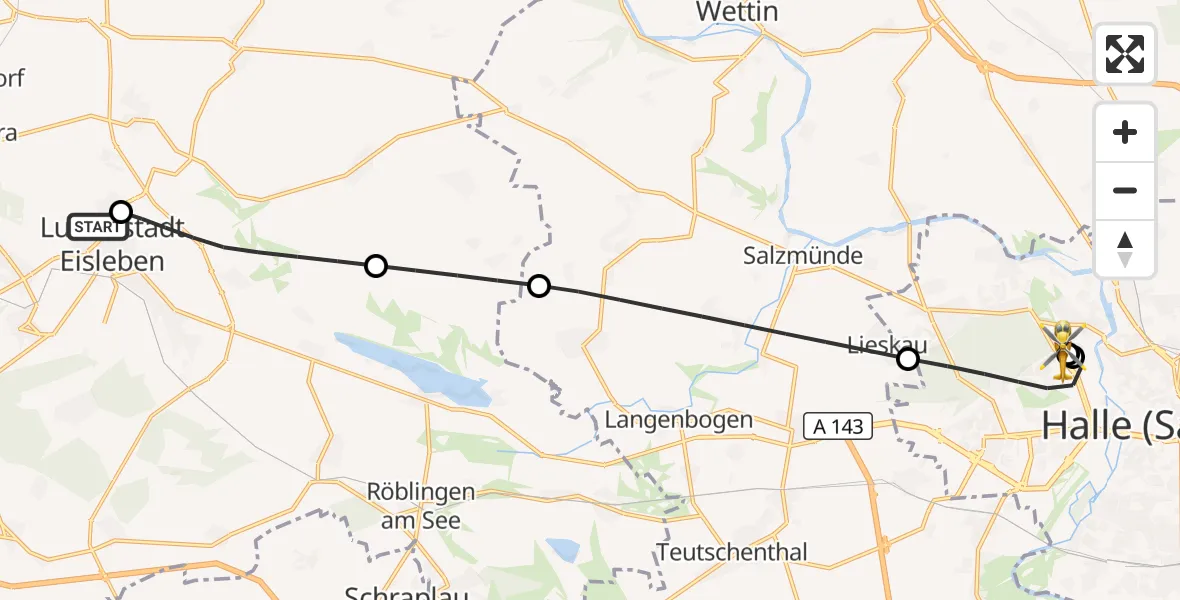 Flugroute Rettungshubschrauber Helios Hospital Lutherstadt Eisleben - Halle (Saale) University Hospital, 03 September 2026, 21:04