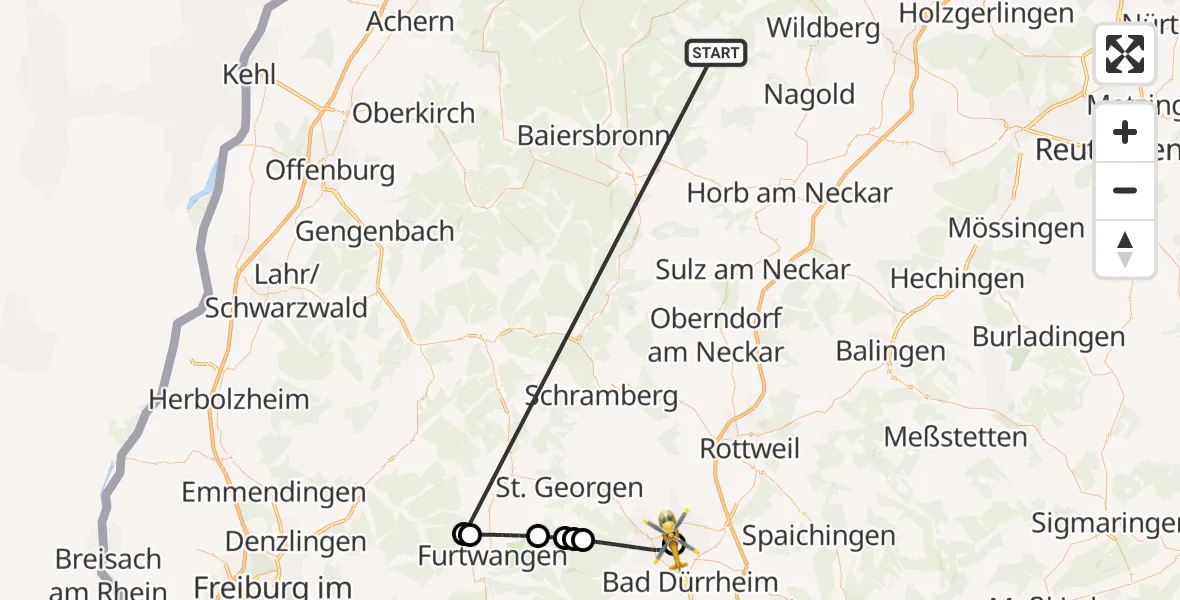 Flugroute Ambulanzhubschrauber Altensteig - DRF Air Rescue Station Villingen-Schwenningen Hubschrauberlandeplatz (Christoph 11), 03 September 2026, 21:16