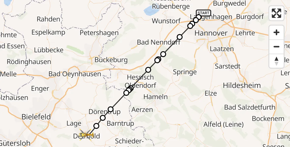 Flugroute Rettungshubschrauber Flughafen Hannover - Detmold, 03 September 2026, 21:25