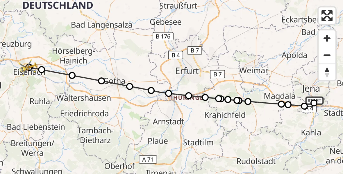Flugroute Ambulanzhubschrauber Lobeda Hubschrauberlandeplatz - Sankt Georg Hospital Eisenach, 03 September 2026, 21:39