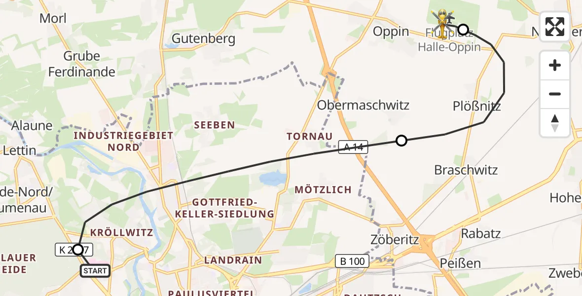 Flugroute Rettungshubschrauber Halle (Saale) University Hospital - Halle-Oppin Flugplatz, 03 September 2026, 21:47