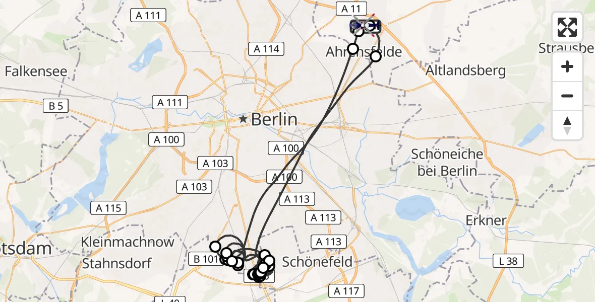 Flugroute Polizeihubschrauber Ahrensfelde Hubschrauberlandeplatz - Ahrensfelde Hubschrauberlandeplatz, 03 September 2026, 21:53
