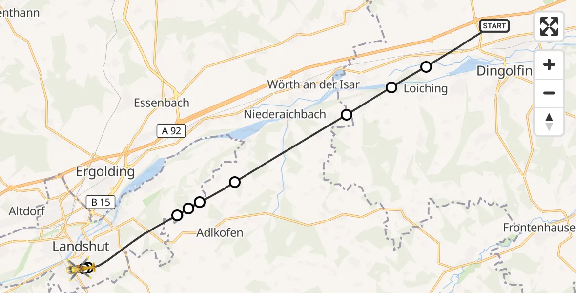 Flugroute Rettungshubschrauber Dingolfing - Lakumed Hospital Landshut-Achdorf, 03 September 2026, 22:38