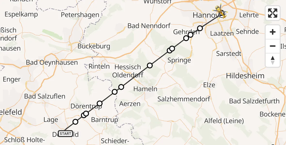 Flugroute Rettungshubschrauber Detmold - Hannover Luftrettung Hubschrauberlandeplatz (Christoph 4), 03 September 2026, 23:09