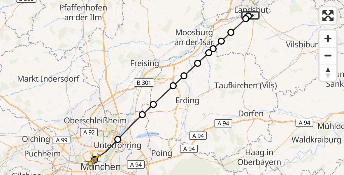 Flugroute Rettungshubschrauber Lakumed Hospital Landshut-Achdorf - Deutsches Herzzentrum München, 03 September 2026, 23:33