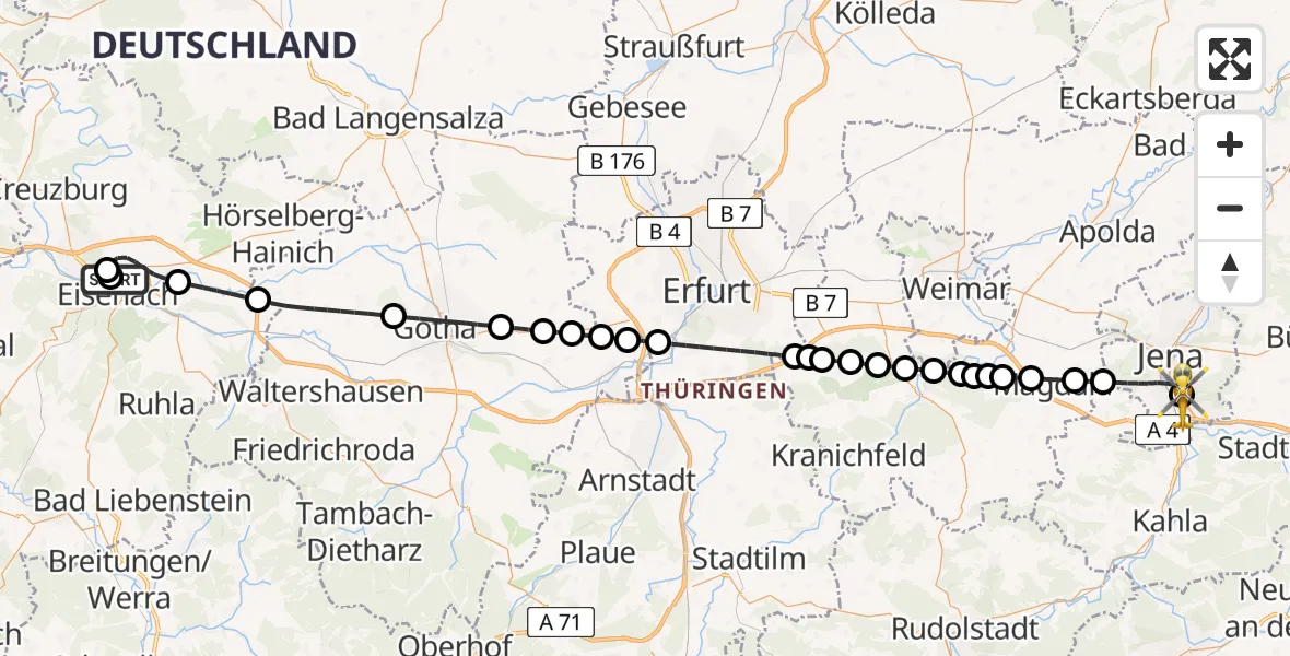 Flugroute Ambulanzhubschrauber Sankt Georg Hospital Eisenach - Lobeda Hubschrauberlandeplatz, 03 September 2026, 23:33