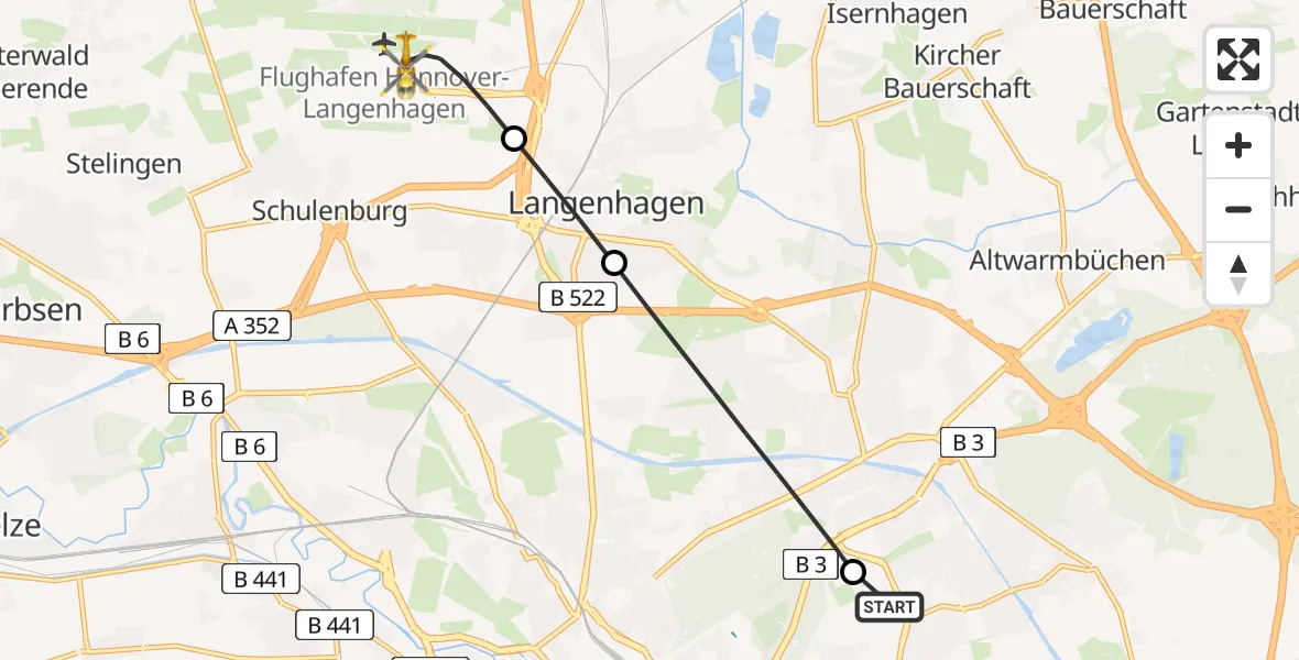 Flugroute Rettungshubschrauber Hannover Luftrettung Hubschrauberlandeplatz (Christoph 4) - Flughafen Hannover, 04 September 2026, 00:25