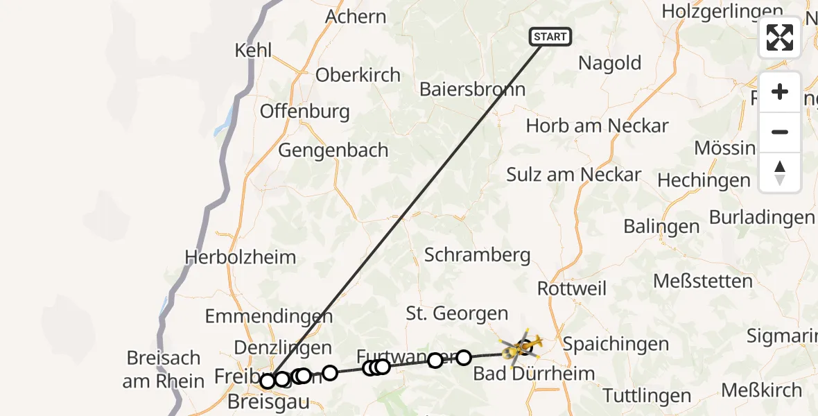 Flugroute Ambulanzhubschrauber Altensteig - DRF Air Rescue Station Villingen-Schwenningen Hubschrauberlandeplatz (Christoph 11), 04 September 2026, 05:05