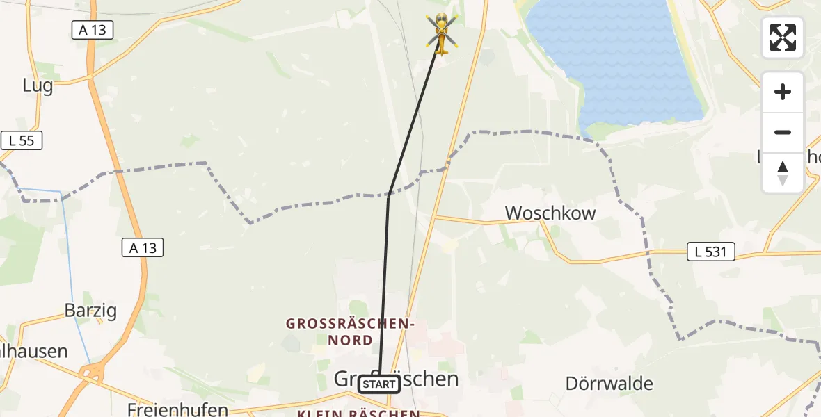 Flugroute Rettungshubschrauber Großräschen - Altdöbern, 04 September 2026, 06:02